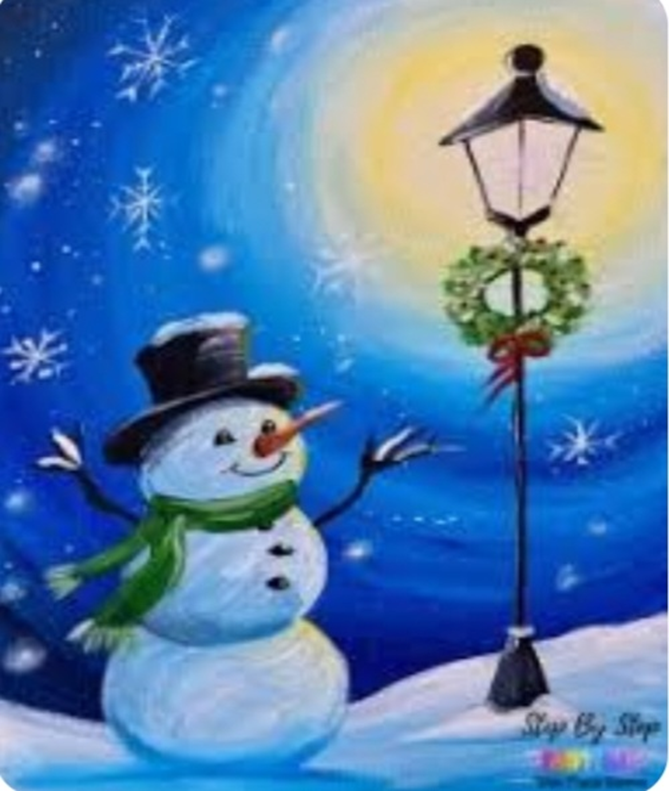 winter scene with snowman and lamppost